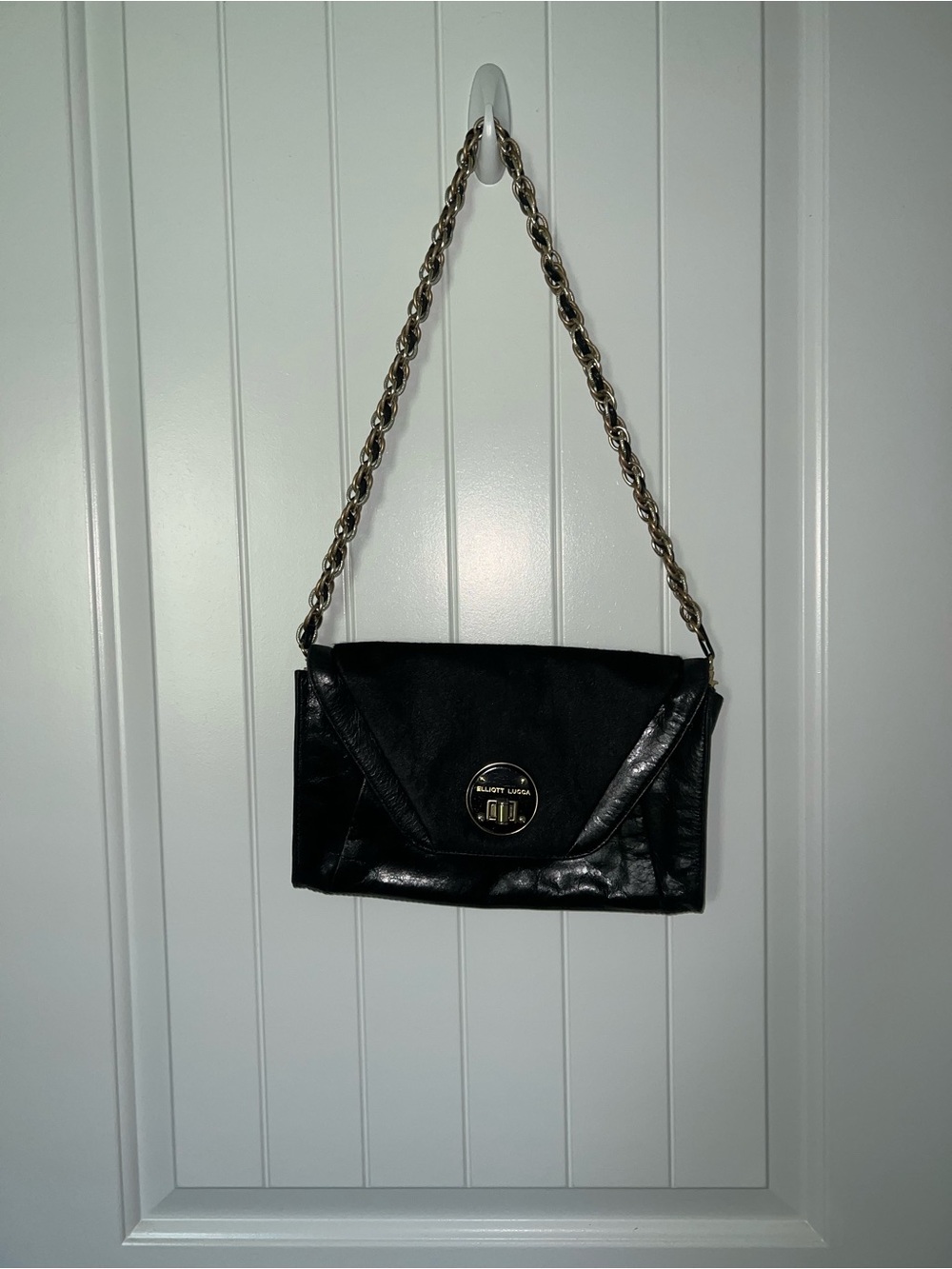 Elliott Lucca Black Envelope Shoulder Bag with Gold Turn-Lock